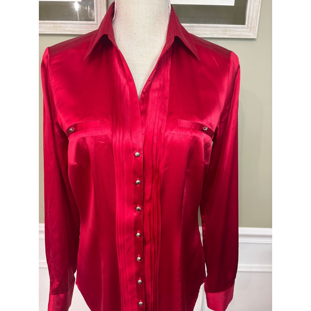 White House Black Market Red Silk Stretch Pintuck Pleated Button Up Blouse 8 - Picture 2 of 8
